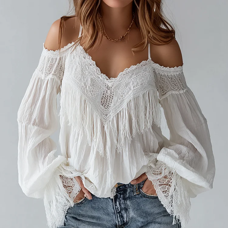 Ursime Boho Lace Fringe Cold Shoulder Lantern Sleeve Blouse