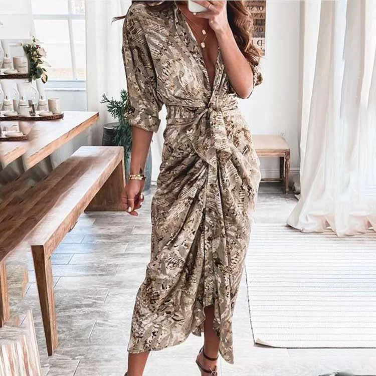 Elegant Button Ruched Bandage Shirt Dress Casual Solid V Neck Beach Maxi Dress