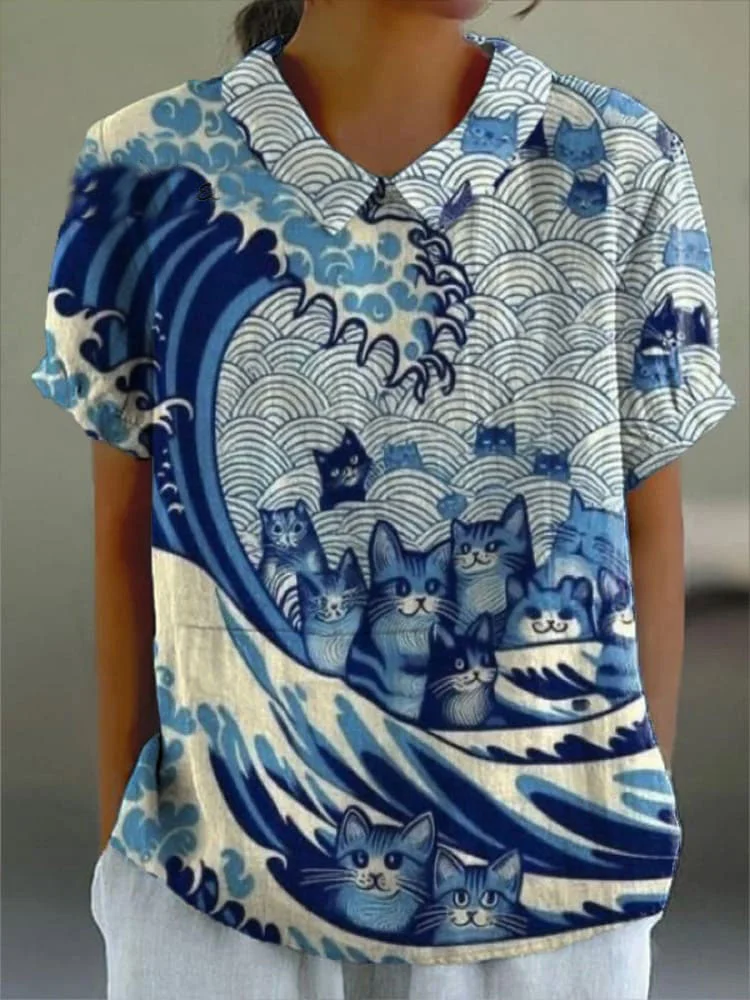 Women's CATch The Blue Wave&cats 2024 Print Casual Cotton And Linen Shirt