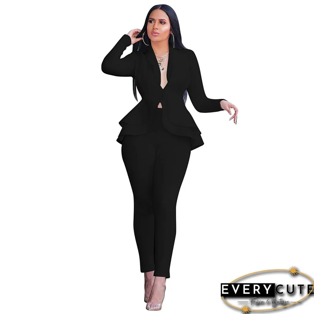 Black Ruffle Hem Blazer With Pant Set