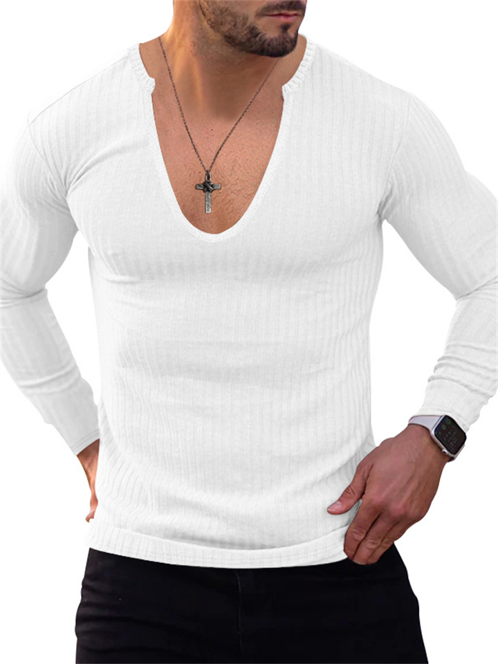 Men's Knitwear Thin V-neck Personalized Men's Long-sleeved T-shirt