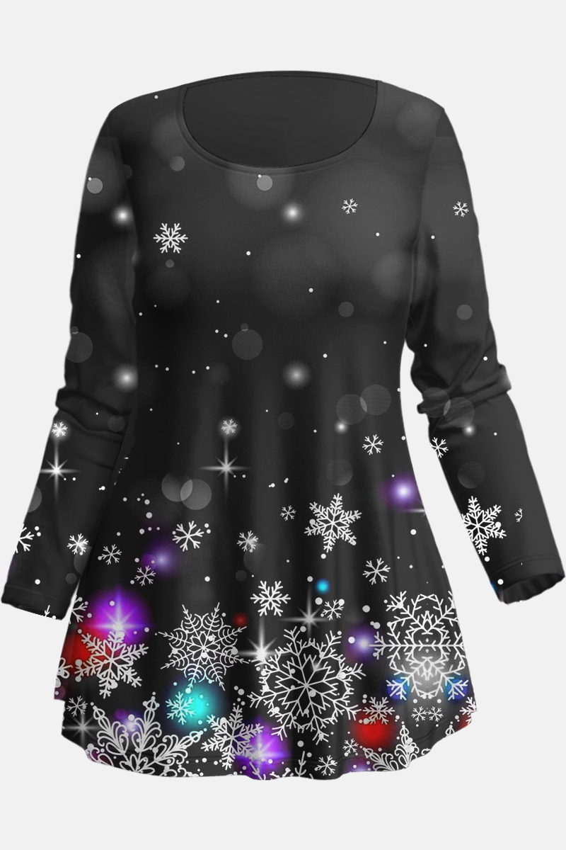 Flycurvy Plus Size Christmas Black Ombre Snowflake Rhinestone Print T-Shirt
