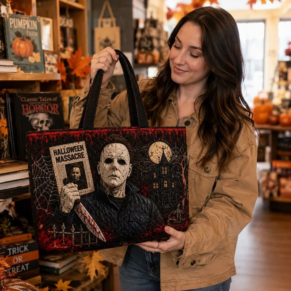 Horror fan holding Myers style tote