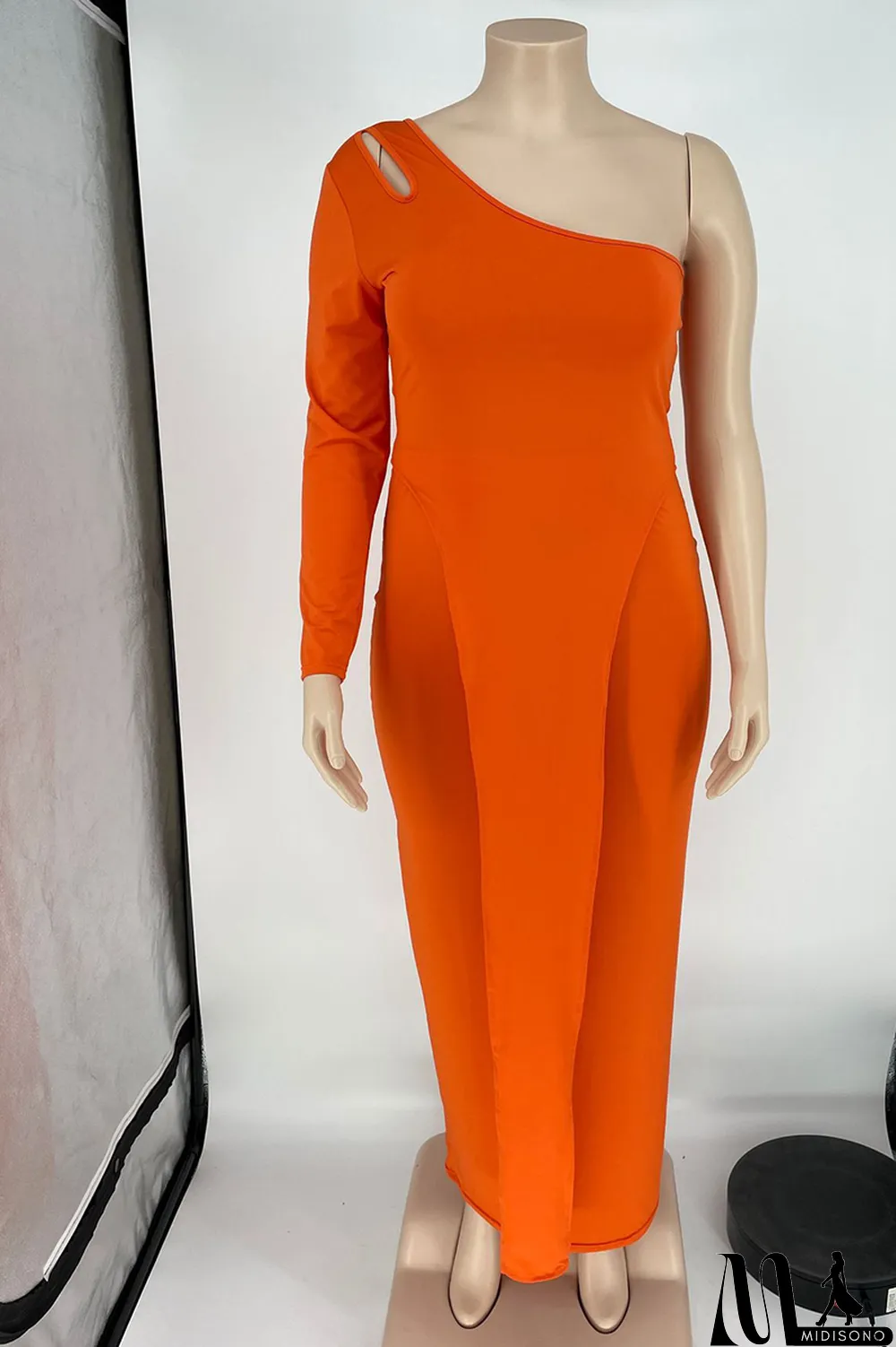 MidiSono - Tangerine Red Casual Solid Split Joint Off the Shoulder Pencil Skirt Plus Size Two Pieces