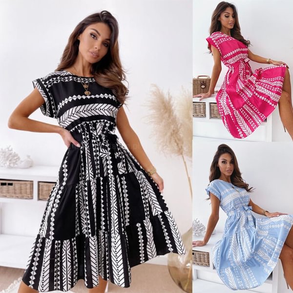 Bohemina Lace Up Short Sleeves Print Dress Holiday Beach Dress Women Fashion Casual Summer Dresses Vintage Dress - Shop Trendy Women's Fashion | TeeYours