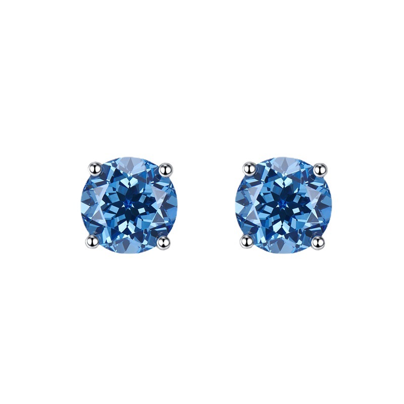MIKAMU Jewelry Stylish 925 Silver High Carbon Diamond Four-Prong Blue-Green Stud Earrings for Couples