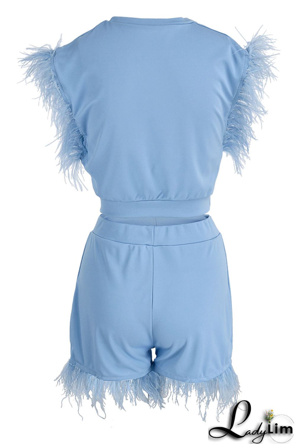 Cyan Fashion Casual Solid Patchwork Feathers O Neck Sleeveless Two Pieces