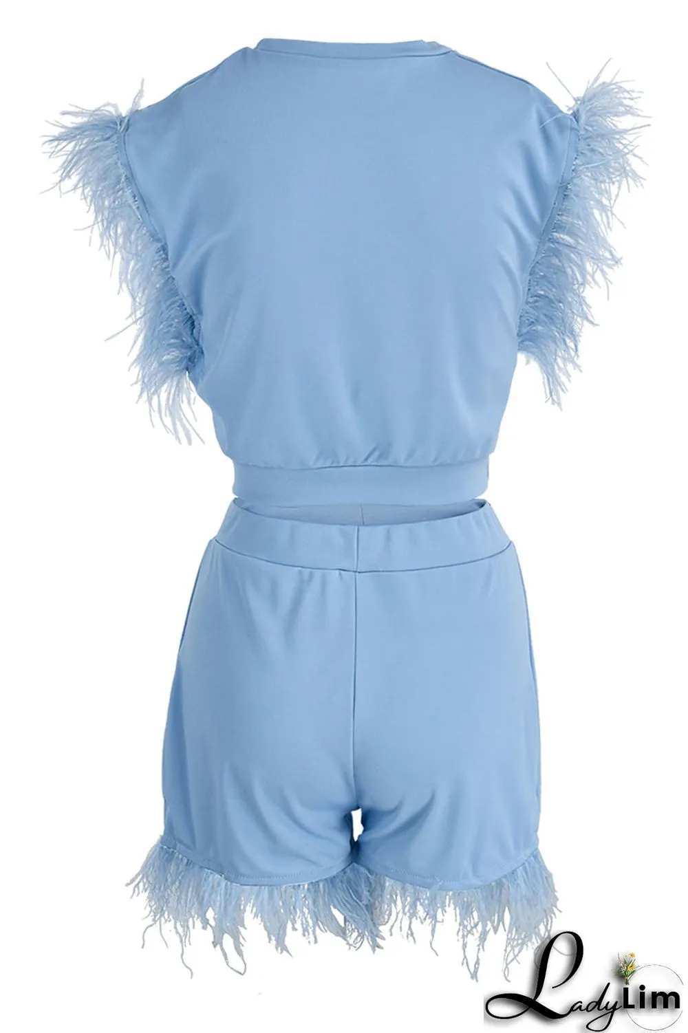 Cyan Fashion Casual Solid Patchwork Feathers O Neck Sleeveless Two Pieces