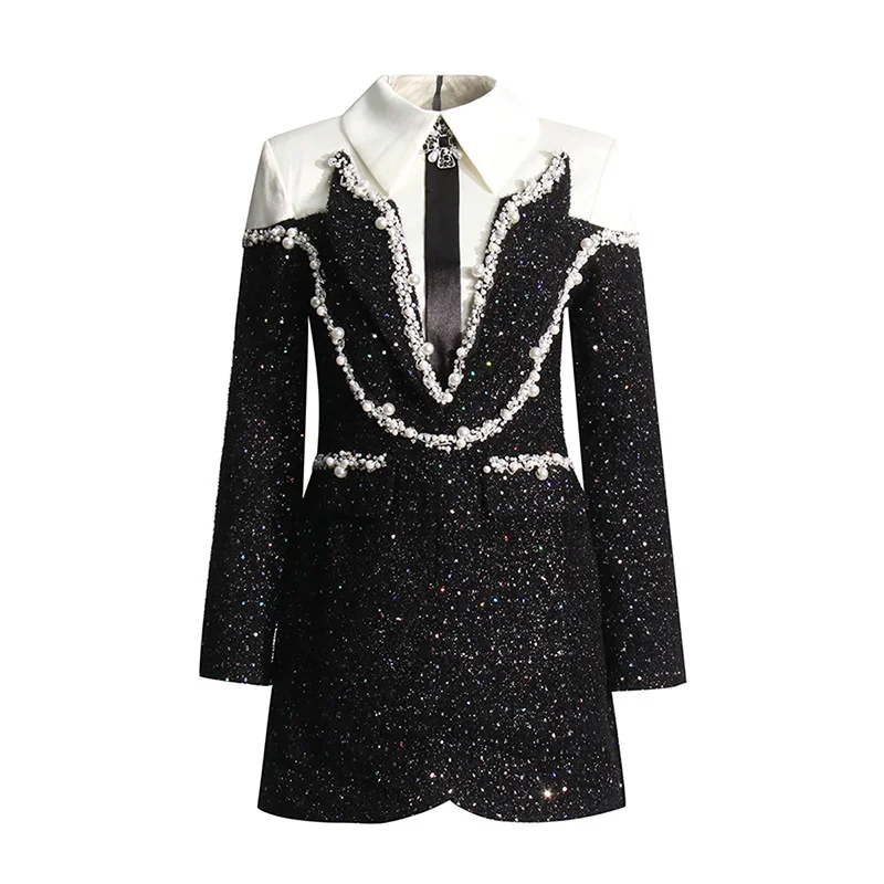 Toloer Toloer Socialite Small Sweet Wind Autumn 2024 New Style Sequins Bump Color Heavy Industry Nail Bead Slim Long Sleeve A Line Dress-Outfit Ideas
