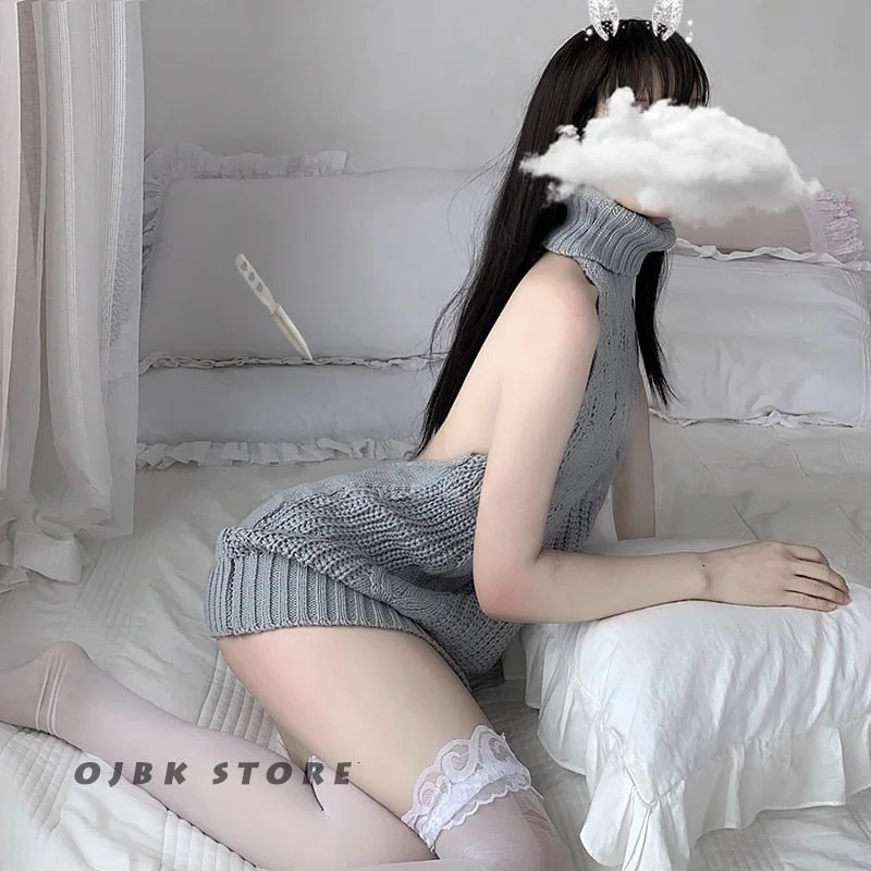 OJBK Sexy backless Women Sweaters Grey Turtleneck Sleeveless Long Virgin Killer Cosplay costumes Japanes Knitted And Pullovers