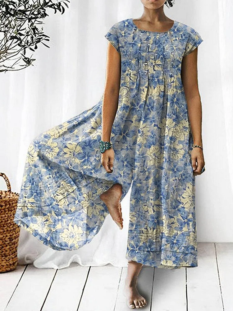 Women's Retro Elegant Floral Art Pattern Print Casual Denim Jumpsuit