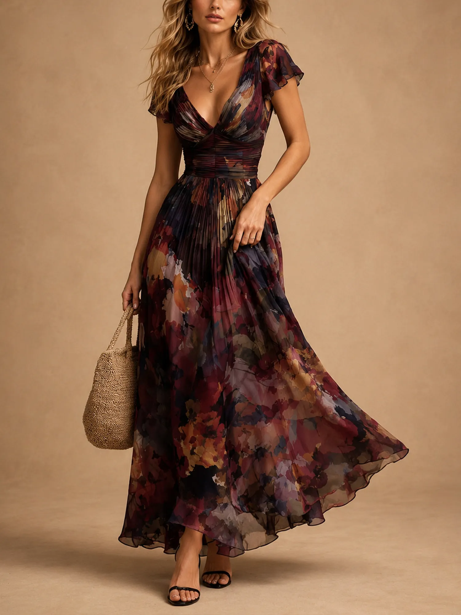 Western Dress &mdash; Desert Sunset Smocked Ruched Bodice Sunburst Pleated Lace Dress Maxi Dress