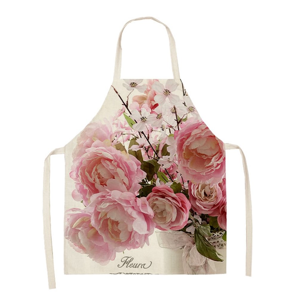 Linen Print Apron - Pink Flower - 82x68cm