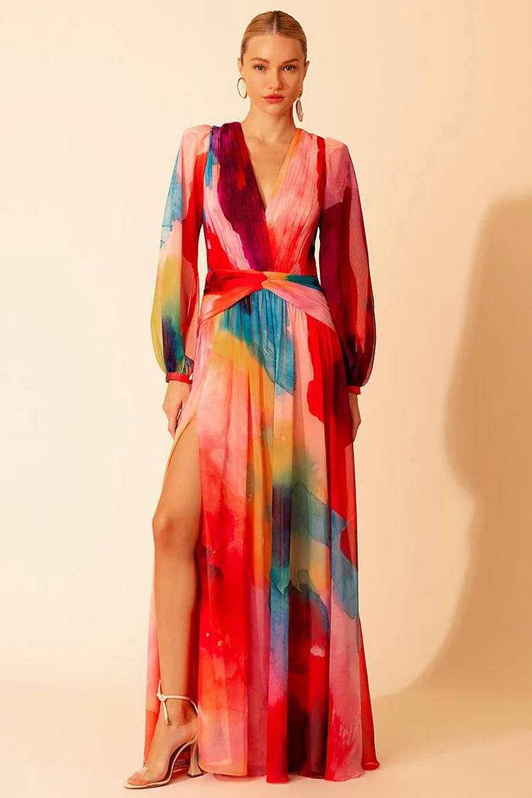 Multicolored Pattern Print V Neck Lantern Sleeve Slit Pleated Maxi Dresses [Pre Order]