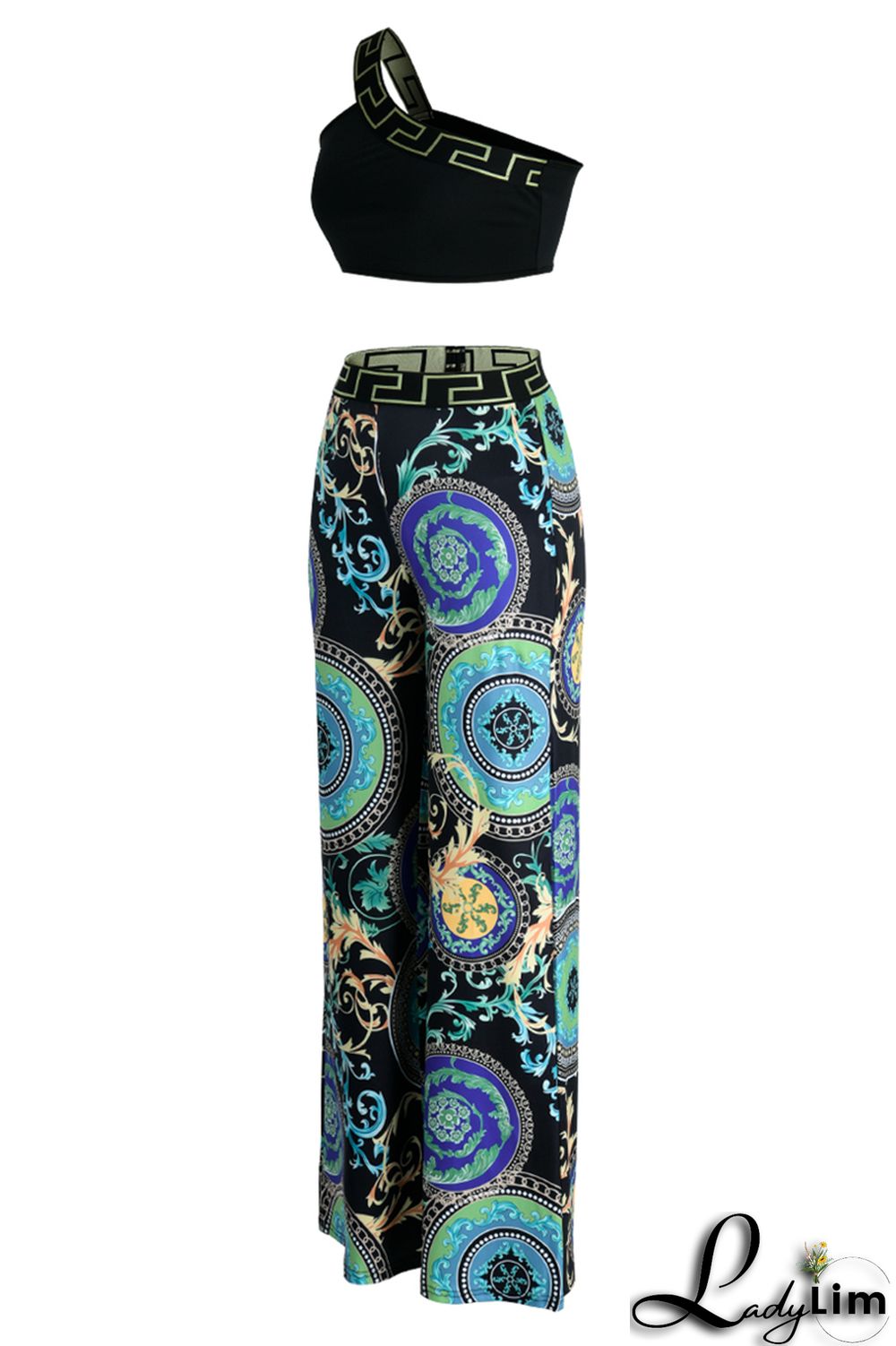 Black Sexy Casual Print Patchwork Backless Oblique Collar Sleeveless Two Pieces