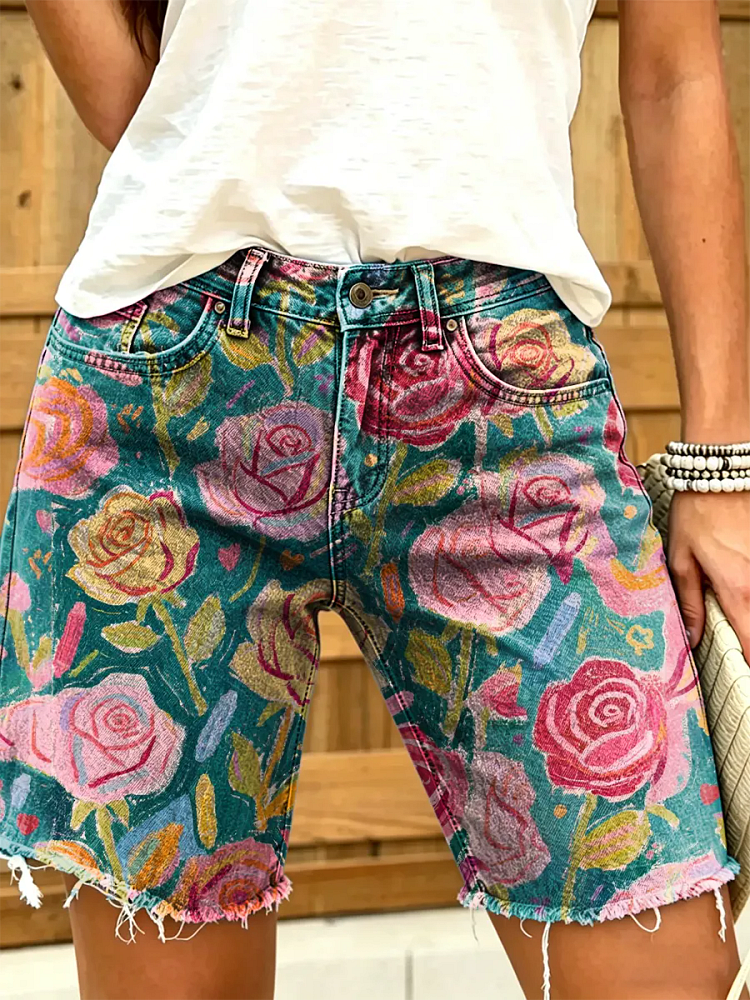 Women's Vintage Floral Print Denim Shorts