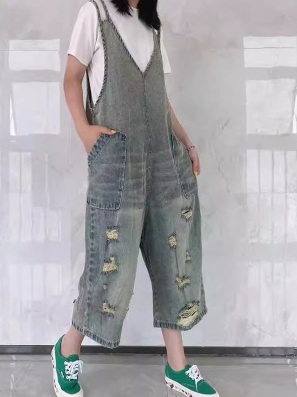 Women's Loose Hole Casual Retro Cropped Workwear Denim Overalls Jumpsuit