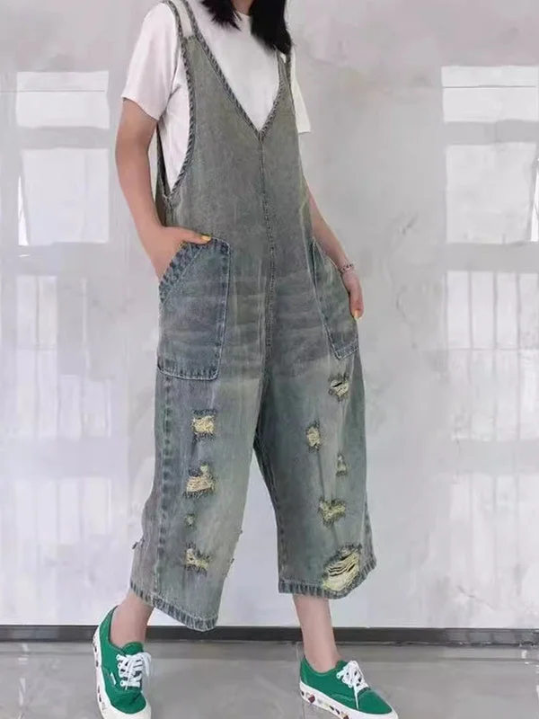 Women's Loose Hole Casual Retro Cropped Workwear Denim Overalls Jumpsuit