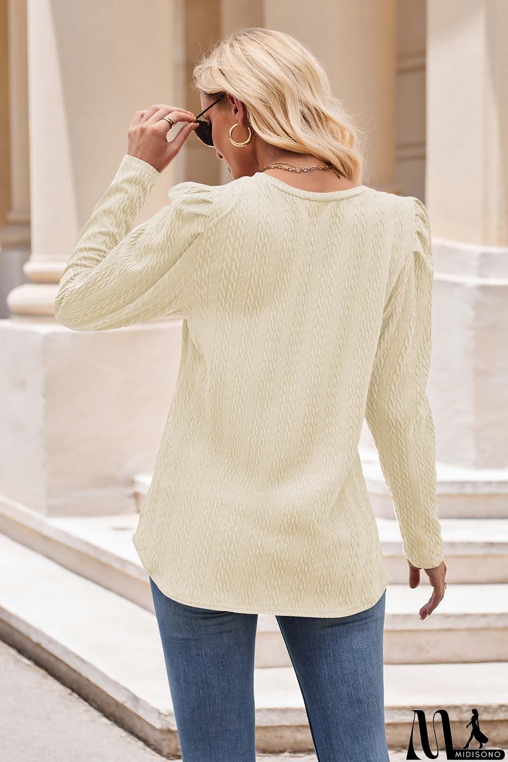 MidiSono - Round Neck Puff Sleeve Blouse