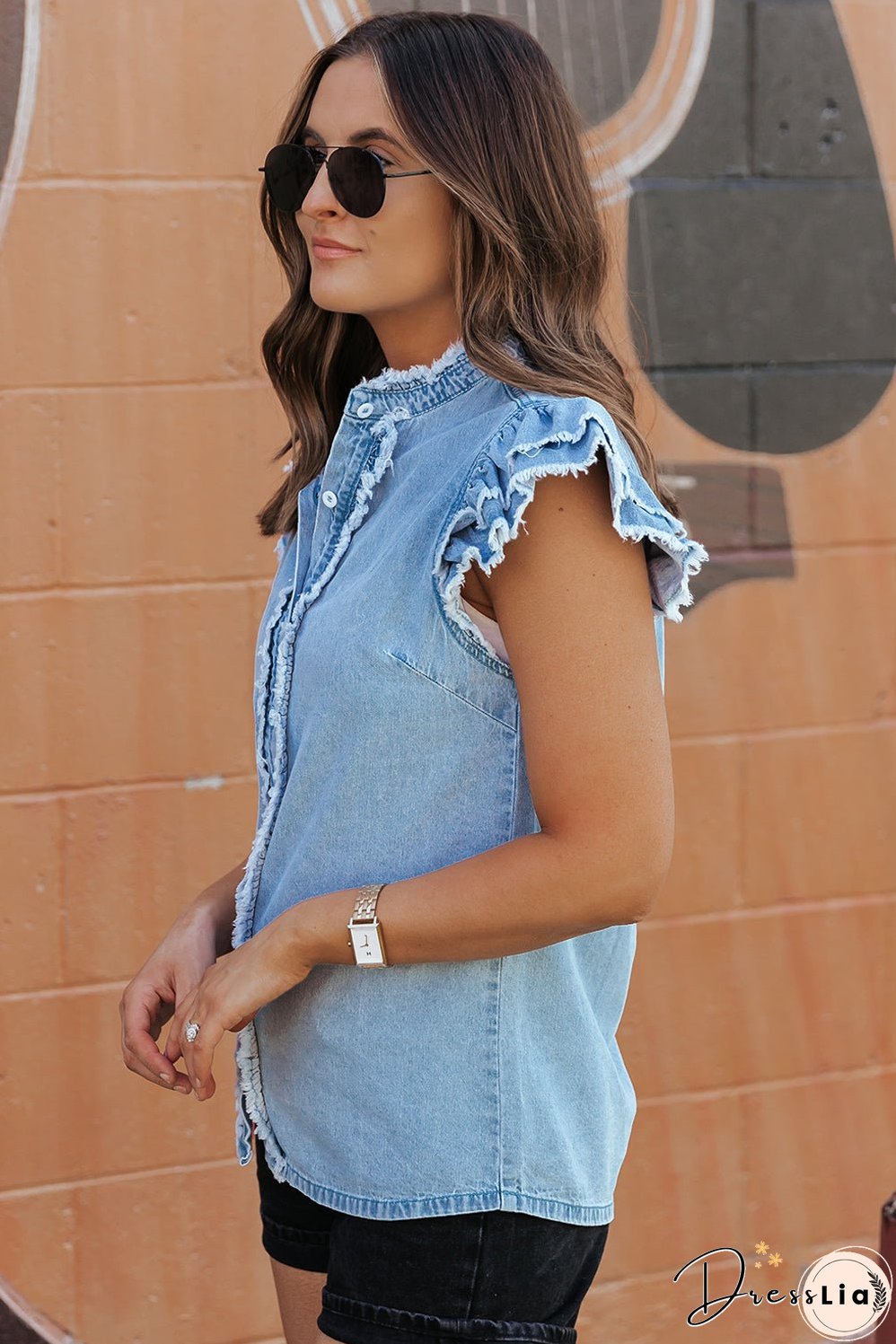 Button Front Frayed Denim Top