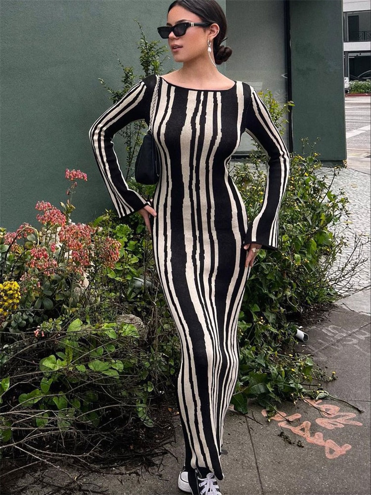 Ootddress Knit Striped Wrap Dress For Women Fashion Contrast High Street Slim Fashion Long Dress Pullover Knitwear High Waist Dress