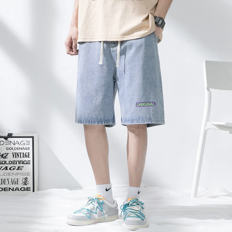 Inongge Summer New Ripped Hole Denim Shorts Men's Loose Fashion Elastic Waist Drawstring Short Baggy Jeans Male Bermuda