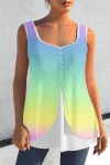 Plus Size Rainbow Print Decorative Button Faux Two Piece Tank Top