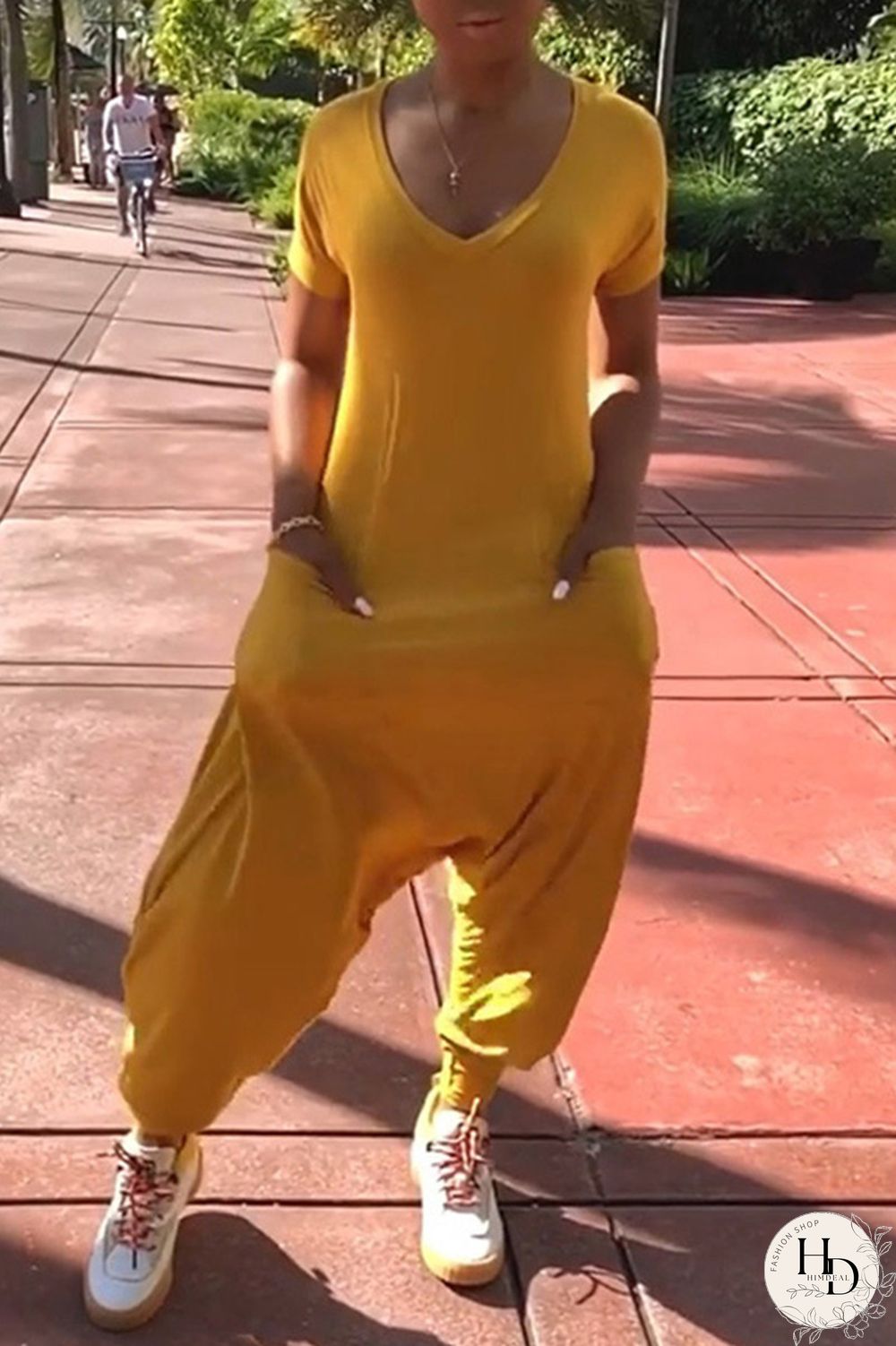 Yellow Fashion Casual Solid Pocket V Neck Regular Jumpsuits