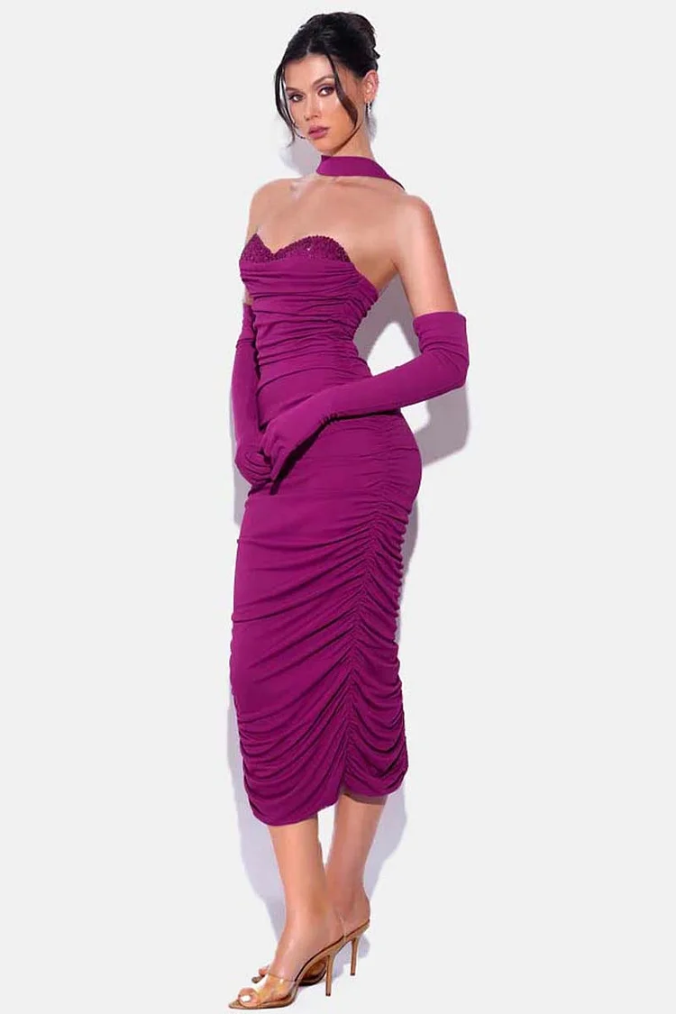 Rhinestone Strapless Halter Ruched Bodycon Cocktail Party Midi Dresses