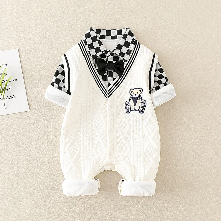 Mock Two-pieces Baby Boy Bear Print Plaid Bow Tie Collar Romper