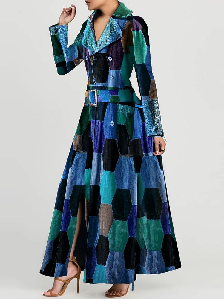 Ursime Fashion Allover Pentagon Pattern Notch Lapel Button Slit Maxi Dress