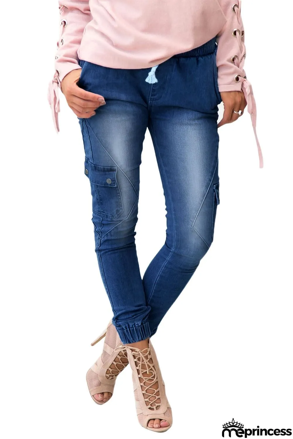 Army Green Drawstring Ankle Pocket Denim Jeans