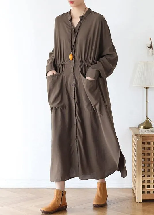 Simple chocolate cotton quilting dresses v neck pockets Traveling spring Dresses