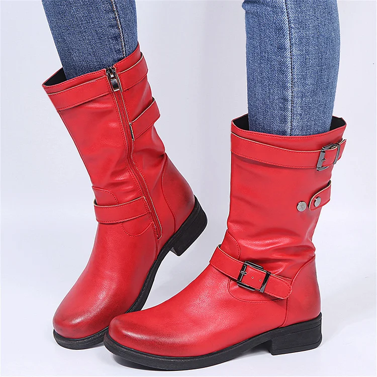 Polished Color Belt Buckle Round Toe Low Heel Women's Boots  Stunahome.com