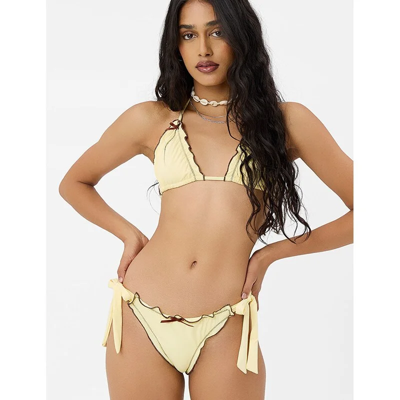 Patchwork Bikinis String Bikini Set Ruffles Side Swimwear Women Sexy Swimsuit Woman Halter Bathing Suits Two Piece Beachwear