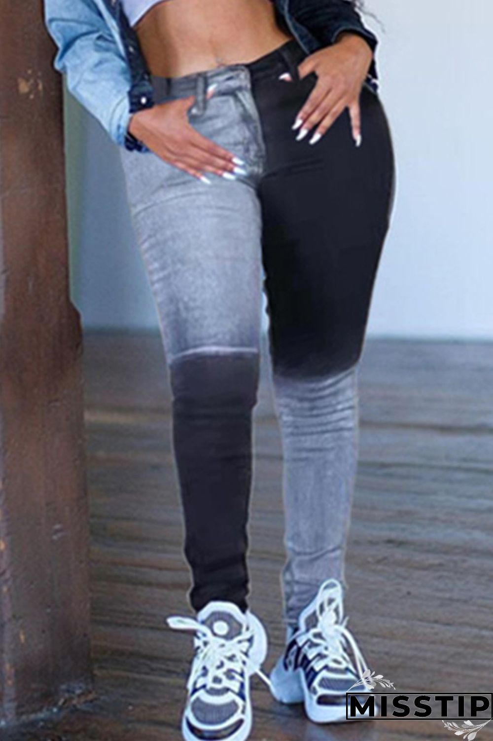 Black Casual Patchwork Contrast High Waist Regular Denim Jeans