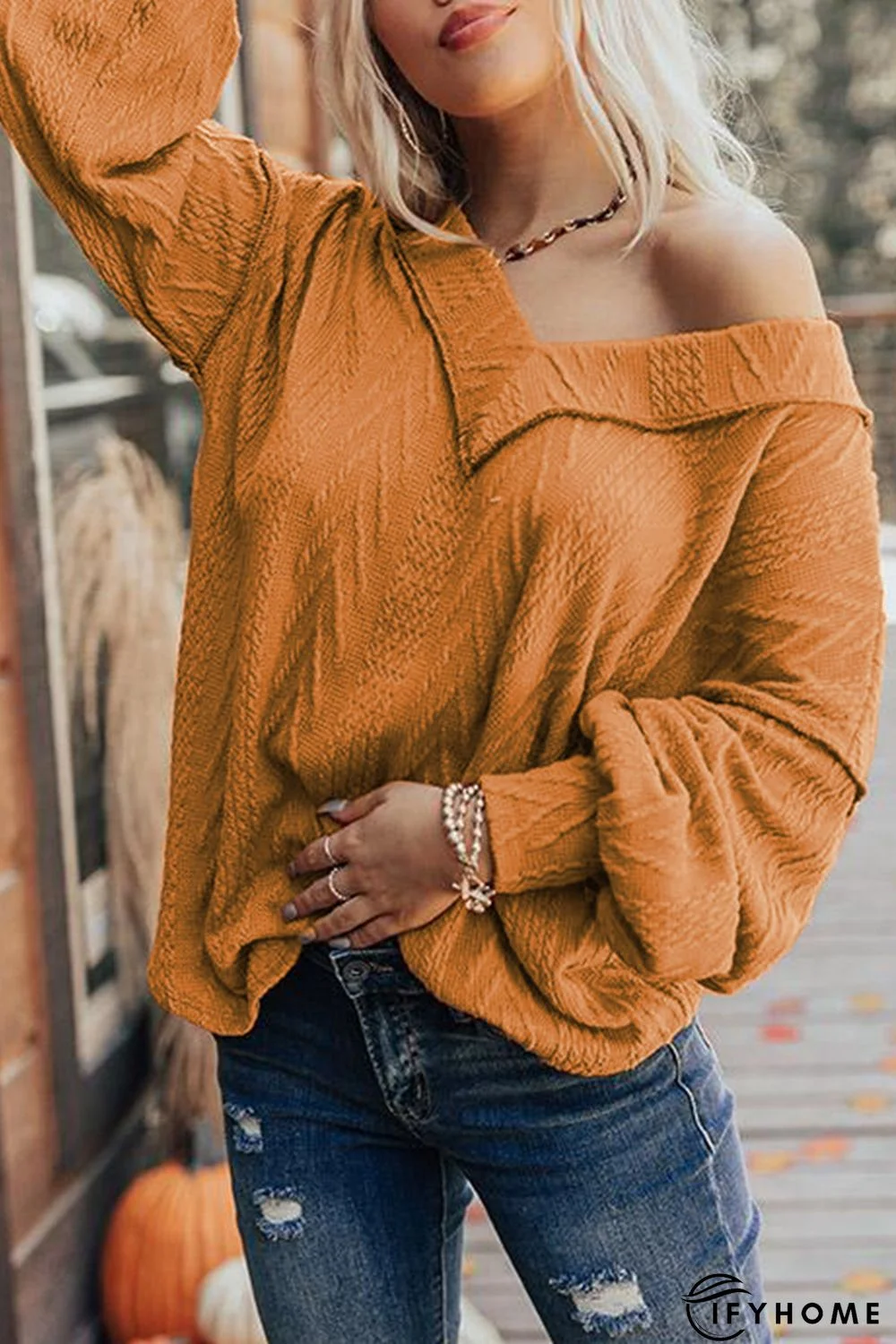 Orange Textured V Neck Long Sleeve Knit Top | IFYHOME