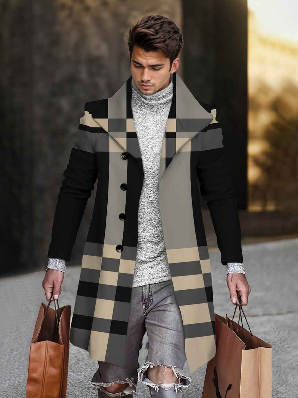 Men's fashion geometric print mid-length coat 041