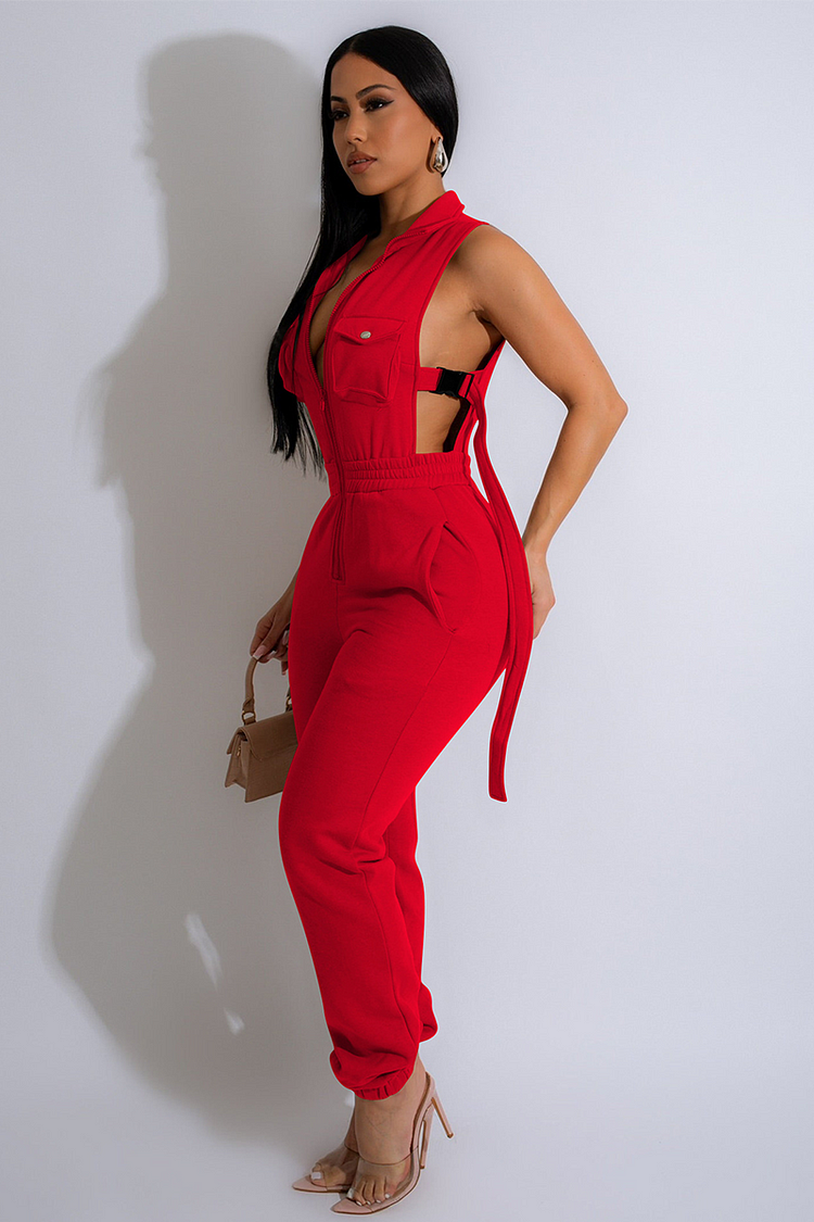 Sleeveless Side Buckle High Waist Solid Color Pocket Jumpsuit-Red
