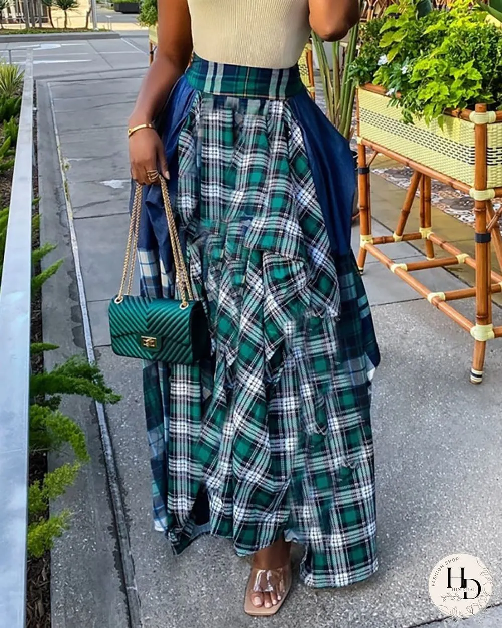 Plaid Colorblock Pleated Maxi Skirt