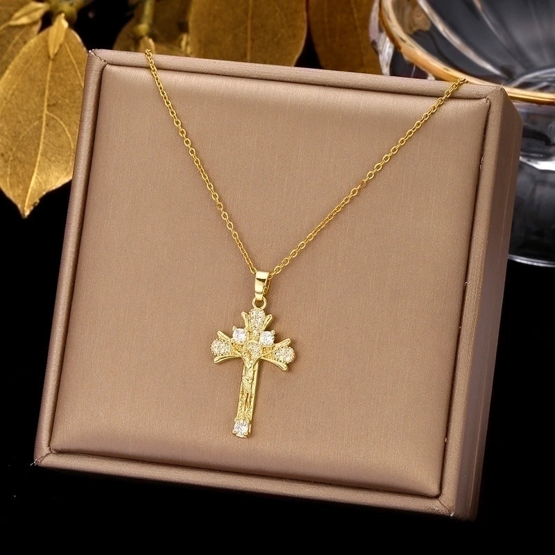 2 Pieces Ethnic Style Cross Stainless Steel Inlay Zircon Pendant Necklace