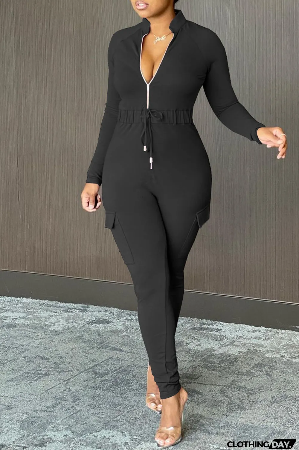 Tangerine Red Casual Solid Split Joint Draw String Pocket Zipper Collar Regular Jumpsuits