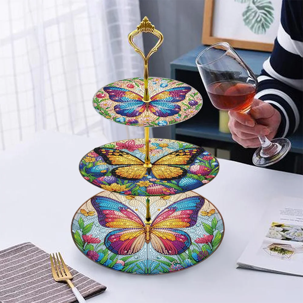 3 Tier Butterfly Round Diamond Painting Tray Food Plate for Adults Beginners