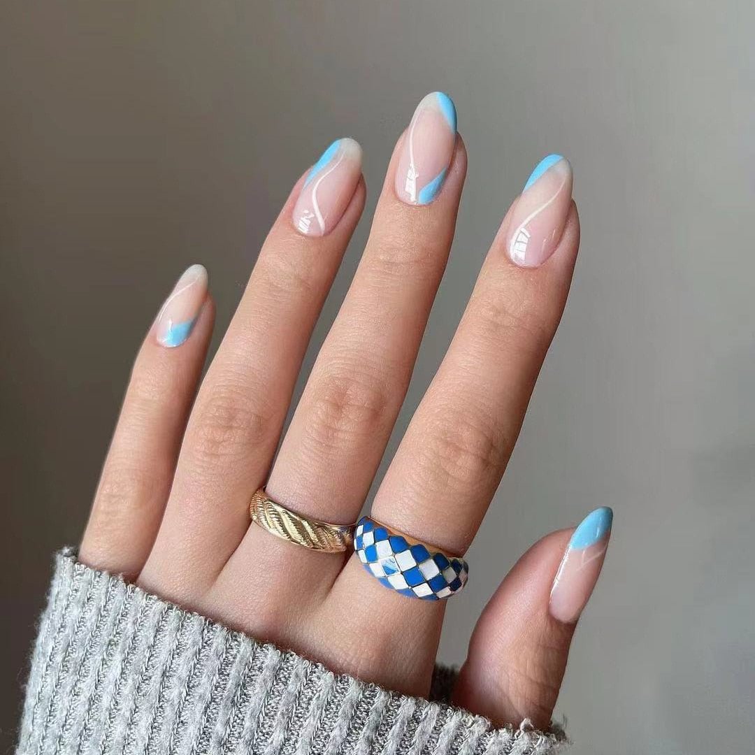 24pcs Detachable Blue Wave White Line Matching False Nail Full Cover Fake Nails DIY Glue Press On Nails Wearable Nail Patch