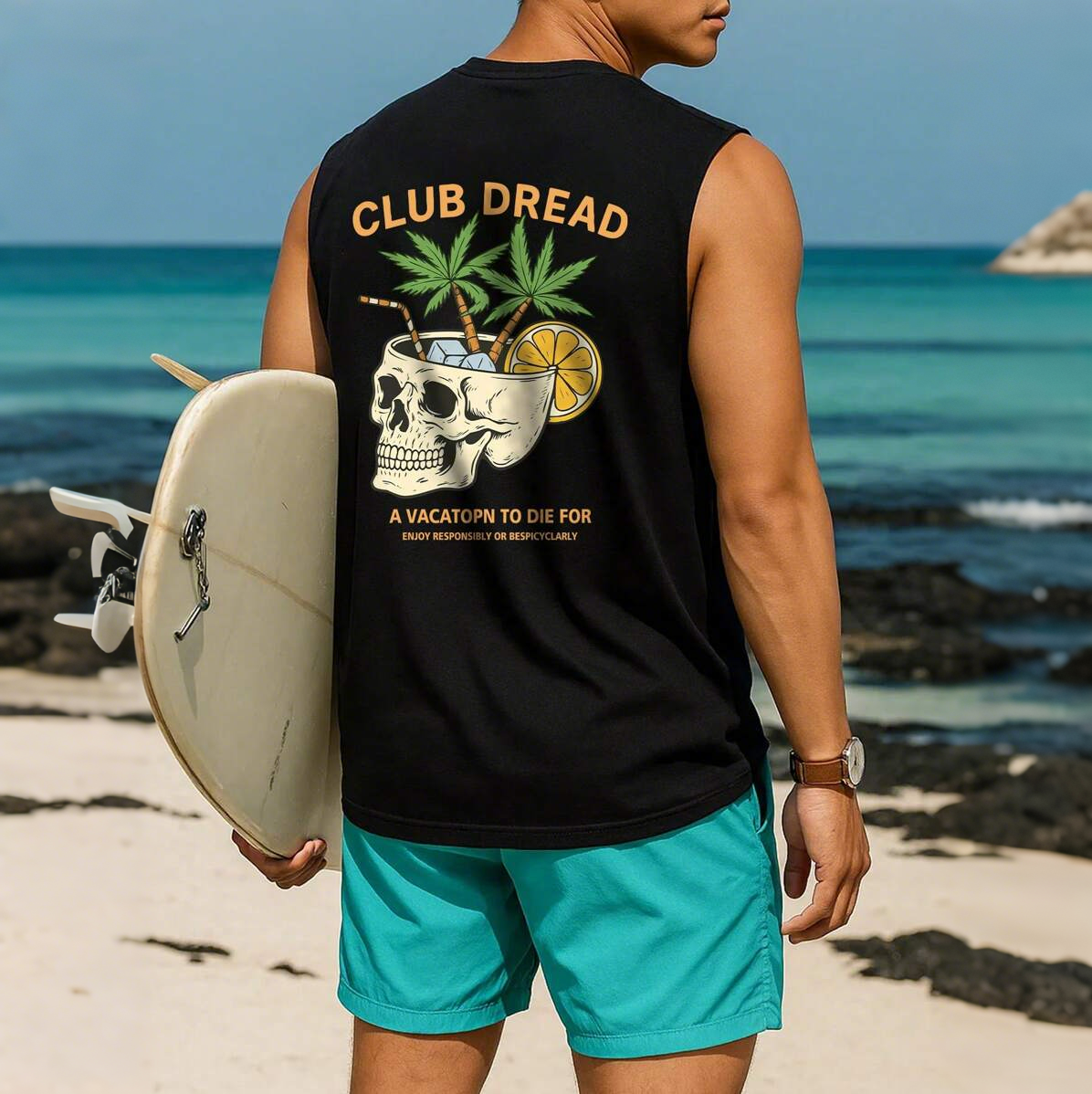  Tropical Skull Graphic Sleeveless T-Shirt for Men - Perfect for Summer Beach Outings
