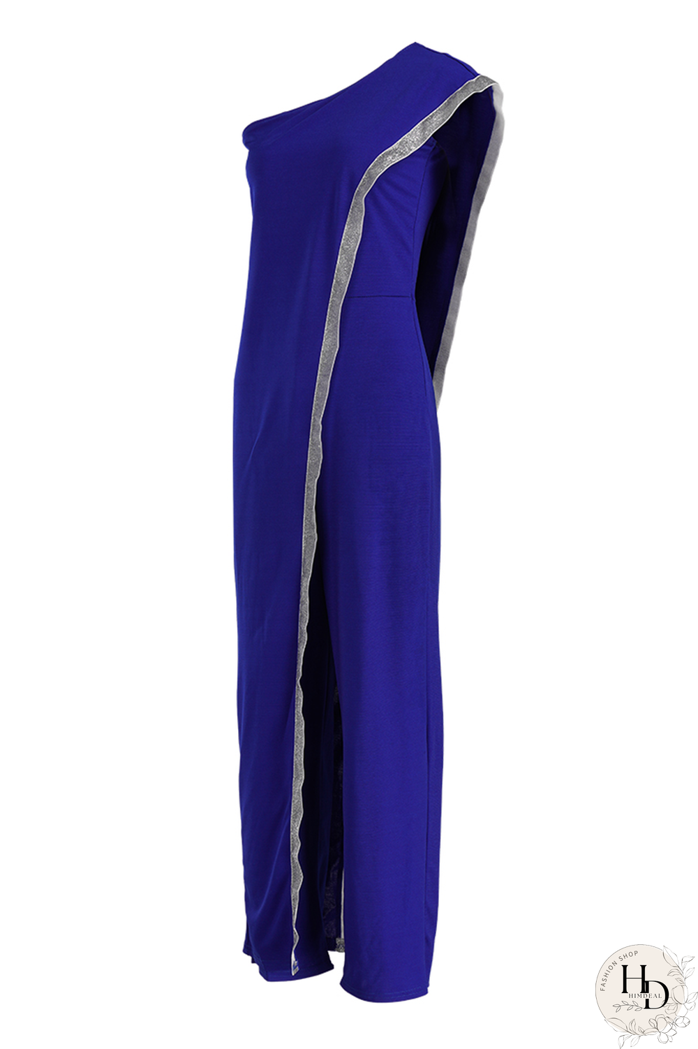 Blue Sexy Solid Sequins One Shoulder Skinny Jumpsuits