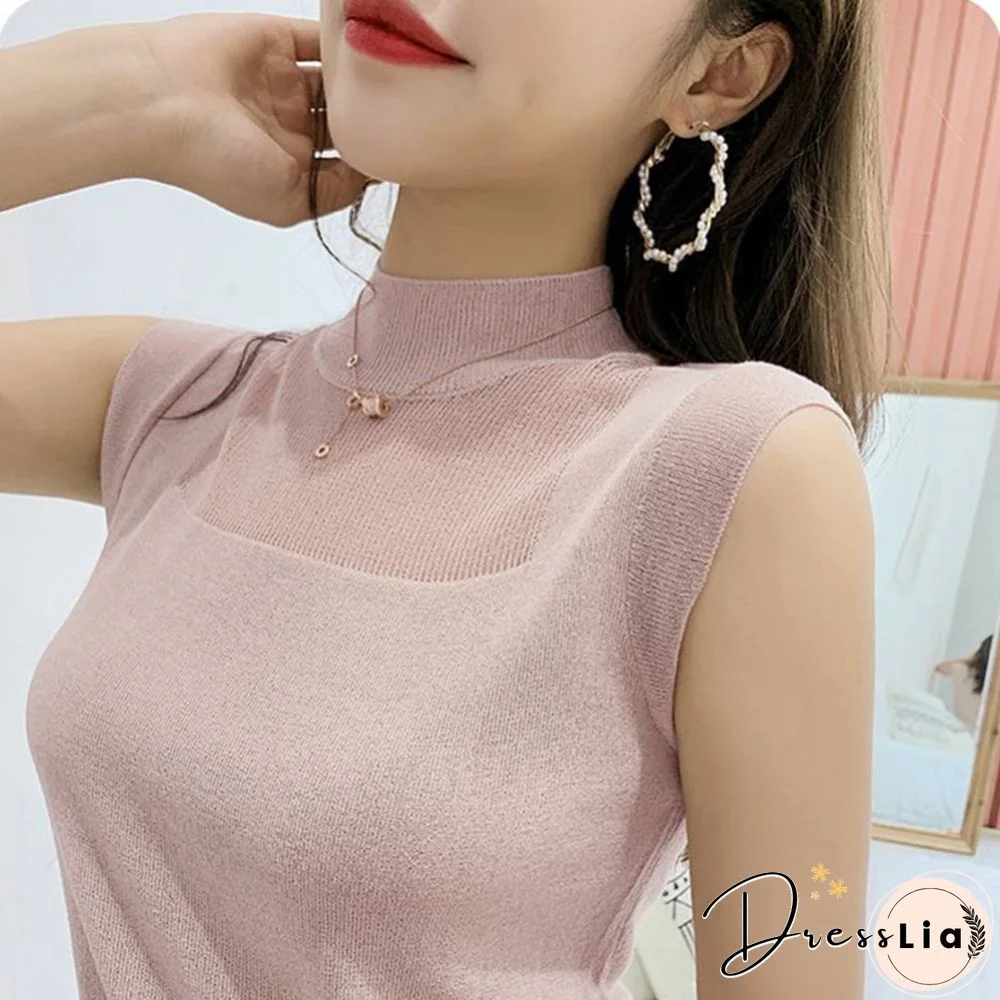 Hollow Out Sleeveless Women Knitted T Shirts Turtleneck Black Lace Sexy Lady Vest T Shirts Pink Loose Summer Thin Knit Tops