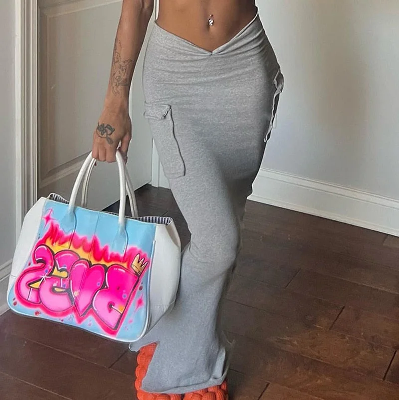 BIIKPIIK Fashion 2022 Spring Summer Women Skirts Pockets V Waist Straight Casual Maxi Skirt Sporty Fitness Harajuku Streetwear