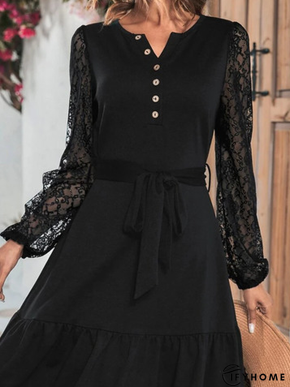 Plain Vacation Notched Loose Patchwork lace Dress | IFYHOME