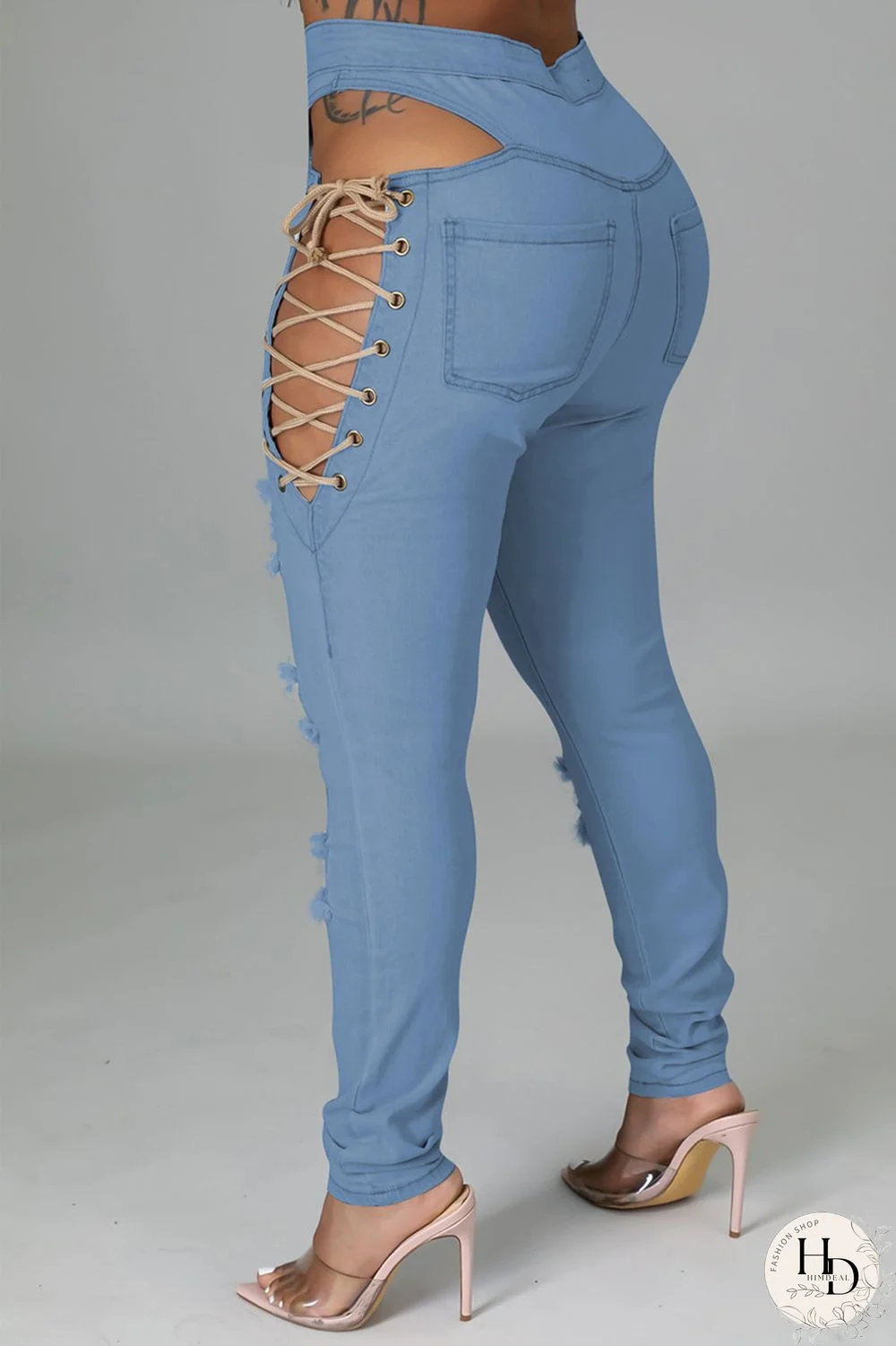 Baby Blue Fashion Casual Solid Ripped Bandage Hollowed Out High Waist Jeans